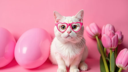 Valentine's Day February 14. Portrait of white cat looking at the world through rose-colored heart-shaped glasses with pink balloons and tulip flowers in the background. Pet is amur. Symbol of love.の素材