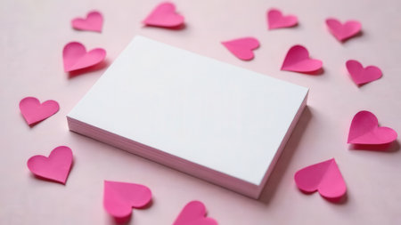 Business cards with pink paper hearts on pink background. Valentine's Day holiday. Copy space. Gift certificate with empty place for text. The party invitation. Love symbol. Festive decor.の素材