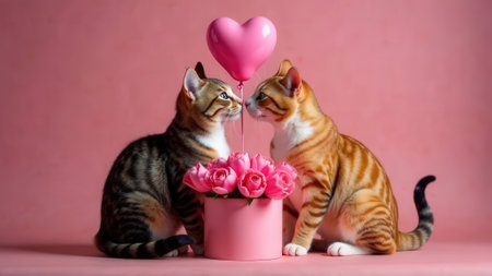 Valentine's Day card. February 14. The couple of cats in love is kissing each other. Pink heart shaped balloon, bouquet of pink color tulip flowers on light pink background. Concept of enamored pets.の素材