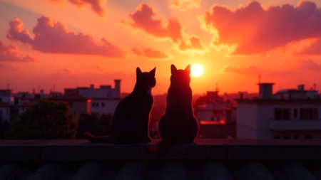 Silhouettes of loving cats couple sitting on rooftop and looking in one direction in sunset cityscape background. Valentine's Day card. The romantic atmosphere of roof date of enamored pets in love.の素材