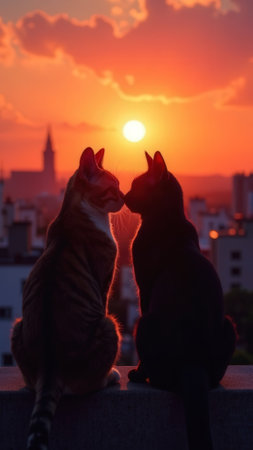 Silhouettes of loving cats couple sitting on rooftop in sunset sunbeams cityscape background. Valentine's Day card. Face to face. Concept of romantic date of enamored pets in love kissing each other.の素材