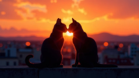 Silhouettes of loving cats couple sitting on rooftop in sunset sunbeams cityscape background. Valentine's Day card. Face to face. Concept of romantic date of enamored pets in love kissing each other.の素材