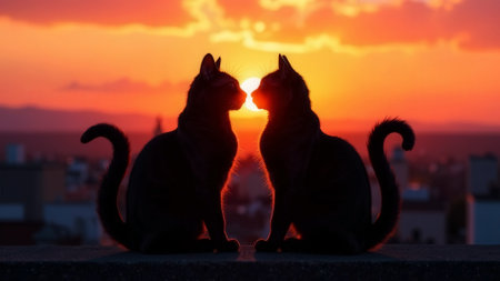 Silhouettes of loving cats couple sitting face to face on rooftop in sunset sunbeams cityscape background. Valentine's Day card. Concept of romantic date of enamored pets in love looking each other.の素材