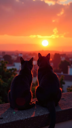 Silhouettes of loving cats couple sitting on rooftop and looking in one direction in sunset cityscape background. Valentine's Day card. The romantic atmosphere of roof date of enamored pets in love.の素材