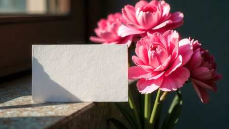 Gift card. Business card mockup with your design template for text, note or logo decorated with carnation flowers on a background. Greeting card. Gift certificate or voucher. Copy space. Flower store.の素材