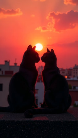 Silhouettes of loving cats couple sitting on rooftop in sunset sunbeams cityscape background. Valentine's Day card. Face to face. Concept of romantic date of enamored pets in love kissing each other.の素材