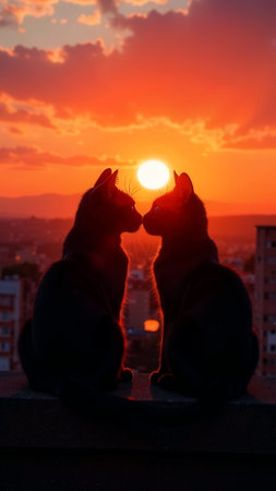 Silhouettes of loving cats couple sitting on rooftop in sunset sunbeams cityscape background. Valentine's Day card. Face to face. Concept of romantic date of enamored pets in love kissing each other.の素材