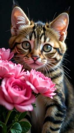The cute cat looks at camera with bouquet of pink roses on dark background. Valentine's Day card February 14. Love symbol. Mothers day holiday. Enamored pet. International pets day. Two flowers.の素材