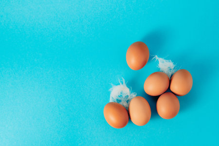 Easter eggs with feathers on blue background. Copy space. Empty text place. Springtime mockup design. Top view.の写真素材