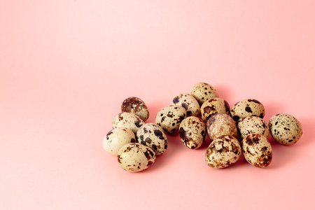 Quail eggs on pink background. Copy space. Farm product. Empty text place. Mockup design of Easter holiday decoration. Healthy food.の写真素材