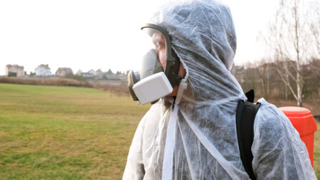 A man in a protective suit and full face mask respirator with knapsack sprayer. Disinfection....