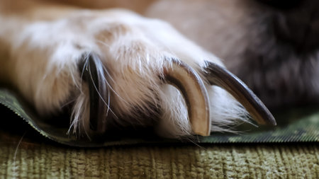 Dogs paws with long uncut claws close up. Need to cutting. Veterinary care. Grooming service....