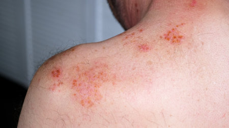 Skin lesion symptom in Shingles or Herpes zoster in person. Viral disease Varicella virus. Painful skin rash with blisters on the body. Red pimples. Insects bite. Body injury. Highの写真素材