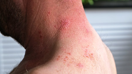 Skin lesion symptom in Shingles or Herpes zoster in person. Viral disease Varicella virus. Painful skin rash with blisters on the body. Red pimples. Insects bite. Body injury. Highの写真素材
