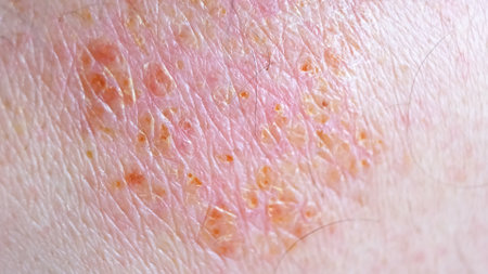 Skin lesion symptom in Shingles or Herpes zoster in person. Viral disease Varicella virus. Painful skin rash with blisters on the body. Red pimples. Insects bite. Body injury. Highの写真素材