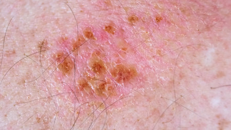 Skin lesion symptom in Shingles or Herpes zoster in person. Viral disease Varicella virus. Painful skin rash with blisters on the body. Red pimples. Insects bite. Body injury. Highの写真素材