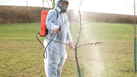Gardener in protective clothing with a knapsack sprayer is spraying bush and tree with fungicide in a spring garden. Plant protection from diseases, insects and pests control. Highの写真素材