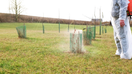 Gardener in protective clothing with a knapsack sprayer is spraying bush and tree with fungicide in a spring garden. Plant protection from diseases, insects and pests control. Highの写真素材