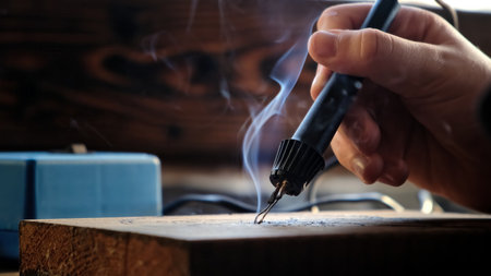 Woodburning or pyrography. An artist drawing on a wooden plank with pyrograph. Wood burning ASMR creative hobby. Art class workshop. Creative activity. Highの写真素材