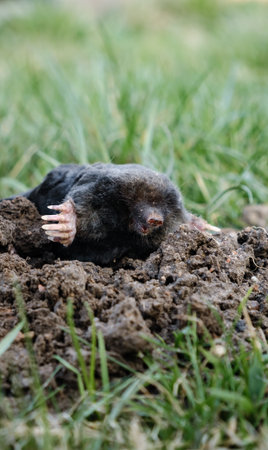 Mole crawling out of molehill above ground. Strong front paws used for digging runs underground. Mole trapping, pest control. Underground creatures damage lawn. Europaea talpaの写真素材