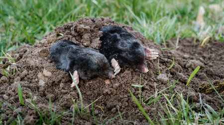 Two mole crawling out of molehill above ground. Strong front paws used for digging runs underground. Mole trapping, pest control. Underground creatures. Europaea talpa. High quality photo.の写真素材