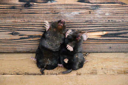 Animal humor. Two smiling moles sit on a wooden background as exhibit at nature museum. Europaea talpa. Good mood. Concept of a great sense of humor or self-irony. Happy laughing friends. Funny joke.の写真素材