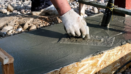 A construction worker smooths wet concrete with trowel in formwork on a building site. Smoothing to create a flat surface. Professional hand work with foundation. High qualityの写真素材