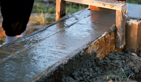 Wet concrete poured into the formwork at the construction site. Cement mortar mixture. Foundational...