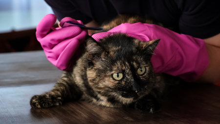 Vet doctor holds cat applying drops at withers, medicine from parasites, ticks, worms and fleas. Blister from parasites for animals. Hands in gloves. Pet treated with parasiteの写真素材