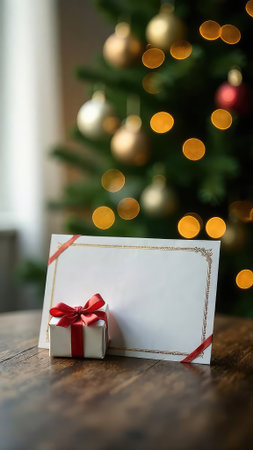 Mockup design of gift card or certificate decorated with red bow with empty place for text on the Christmas tree lights background. Invitation card. Business card with copy spaceの素材