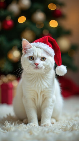 Little white cat in Santa Claus hat looking at camera and sitting on white carpet against the Christmas tree lights background. New Year card. Cute pet. Happy holiday. Domesticの素材