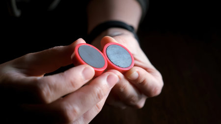 Hands hold two red magnets, illustrating their magnetic properties as they are pulled apart,...