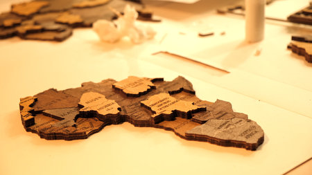 Wooden World map of earth showing Africa continent on a workshop tabletop. Making of interior decor for travel, geography. Hobby concept. Gluing of plywood details gluing togetherの写真素材