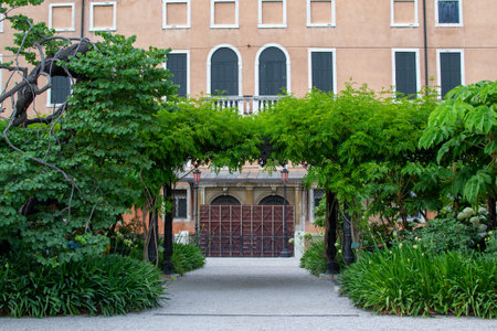 A green arch made of trees in front of the entrance to the house in the Giardini Reali of Veniceのeditorial素材