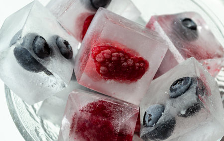 Blueberries and raspberries in ice cubesの写真素材