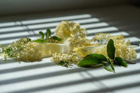 Frozen white elderberry flowers in water on a white table.の写真素材