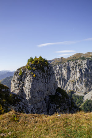 View of a small rock in the mountains with fir trees on its top.の写真素材