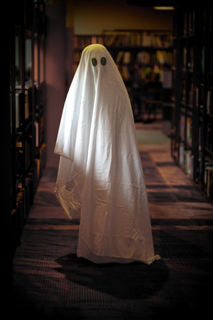 A child imitates a white ghost in a library room. Child dressed as a white ghostの写真素材