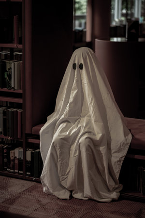 A child imitates a white ghost in a library room.