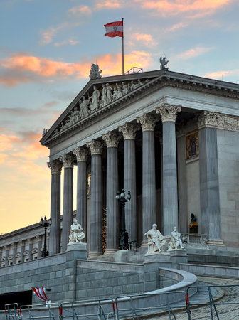 Side view of the Parliament building in Vienna with flag raisedの写真素材