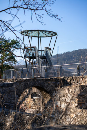 View of the metal observation deck installed on the ruins of the fortressの写真素材