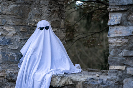 A child, wrapped in a flowing white sheet and wearing sunglasses, sits on a stone wall.の写真素材