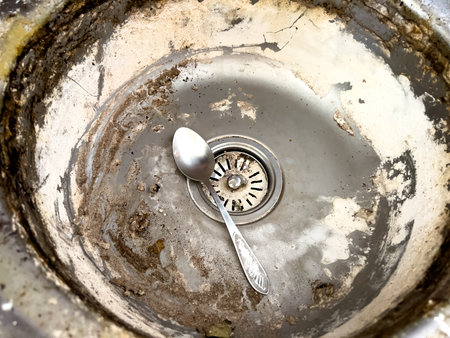 Large dirty metal sink covered with lime and rust for washing dishes in the kitchen.の写真素材