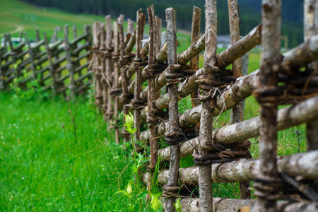 A rustic wooden fence built in an Alpine valley to keep out wild animals from pasturesの写真素材
