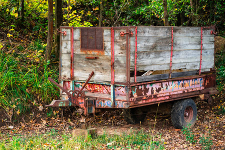 A two-wheeled abandoned trailer for a car with an old wooden broken body stands among the autumn forest in the Alpine mountainsの写真素材