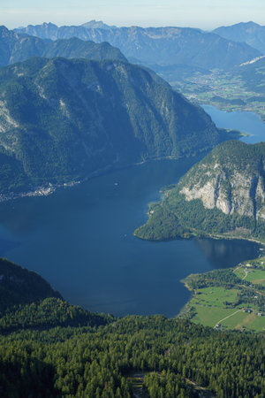 View of Lake Hallstatt located between the Alps from the top of the mountain.の写真素材