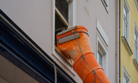 Orange debris chute attached to upper floor window for construction waste removal. Urban renovation, safety equipment, building modernization conceptの写真素材