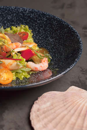 Restaurant menu. Salad with king prawns, squid, herbs and tomatoes. The blue plate. Dark background. Red, orange, green, yellowの写真素材