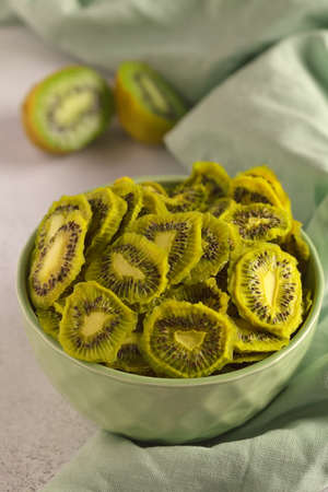 Dried fruit. Without sugar. Paste Homemade sweets. Dried fruits. Healthy fruit snack. Kiwi. Bananas. Fruits in bowlの写真素材