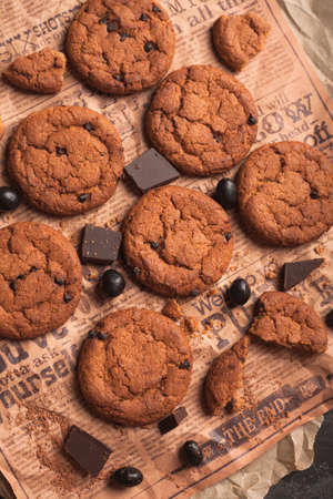hocolate chip cookies. Different cookies and sweets. Brown